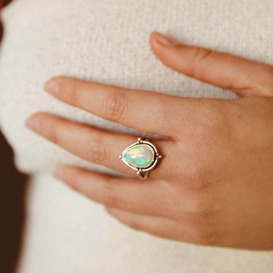 Opal Teardrop Ring in Sterling Silver