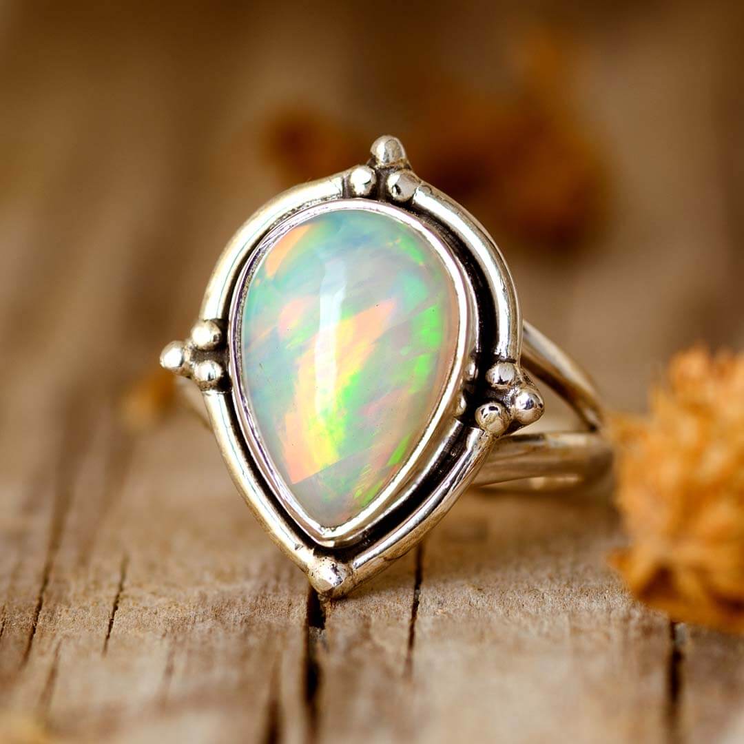 Opal Teardrop Ring in Sterling Silver