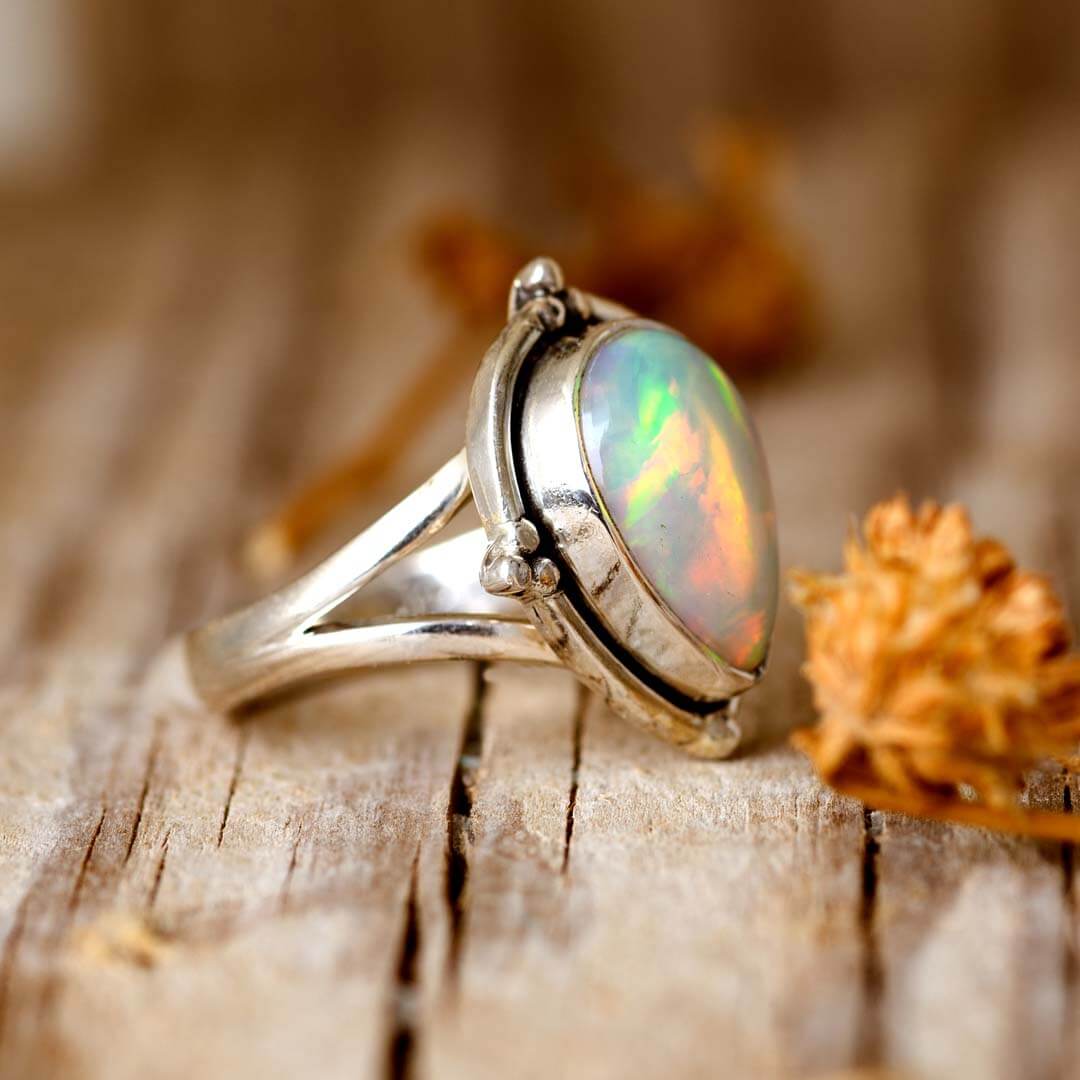 Opal Teardrop Ring in Sterling Silver
