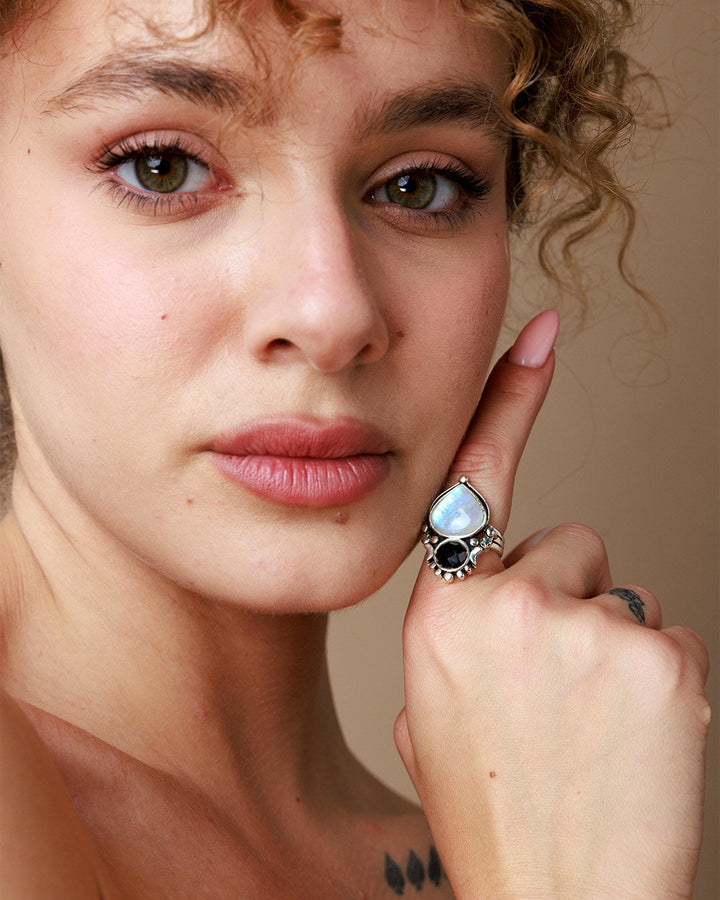 Moonstone and Onyx Celestial Ring