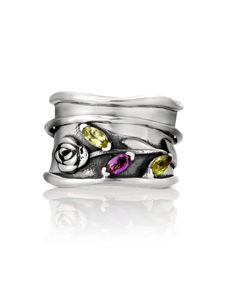 Rose Flower Fidget Ring with Green and Purple Amethyst