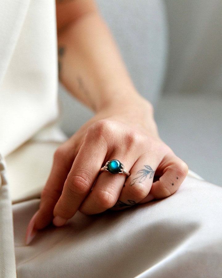 Mystic Hand Labradorite Crystal Ball Ring