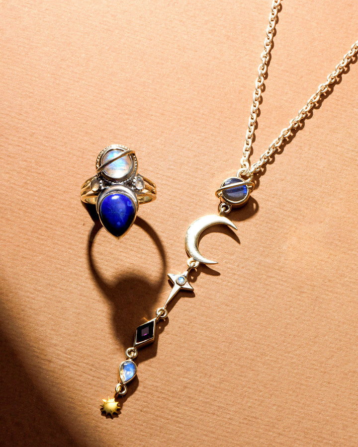 Lapis and Moonstone Saturn Celestial and Moon Ring
