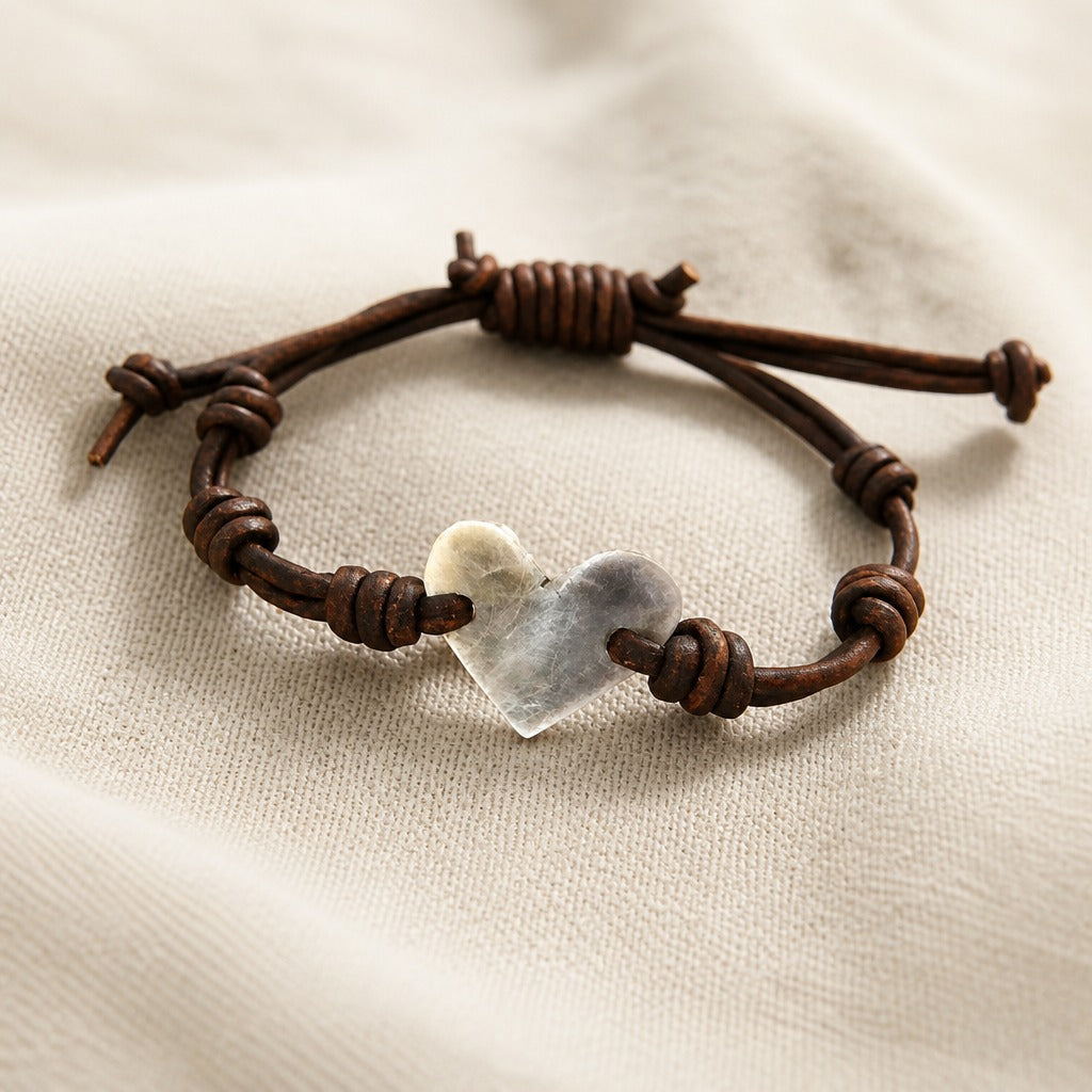 Bracelet en cuir avec nœud et petit cœur