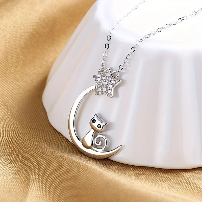 Collier en Argent Sterling avec Silhouette de Chat, Lune et Étoiles