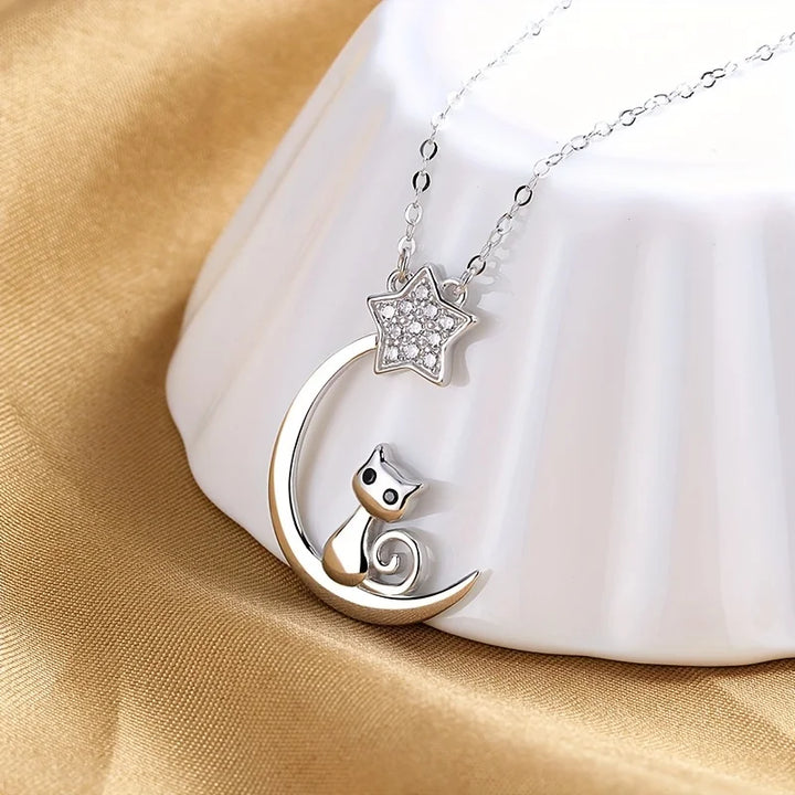Collier en Argent Sterling avec Silhouette de Chat, Lune et Étoiles