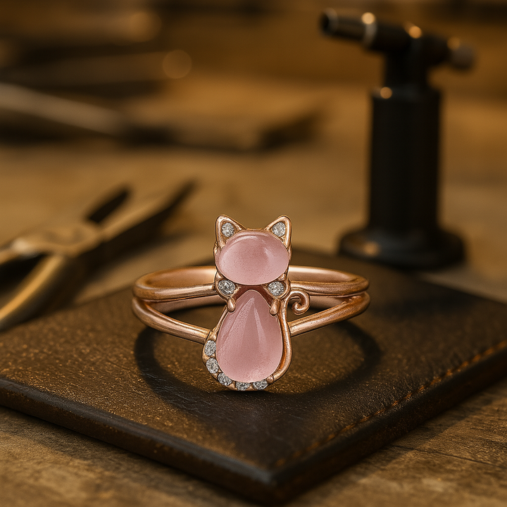 Bague en Or Rose à Motif de Chat