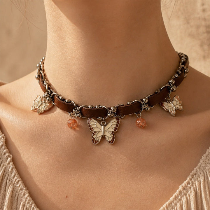 Collier Choker en Cuir avec Pendentif Chaîne