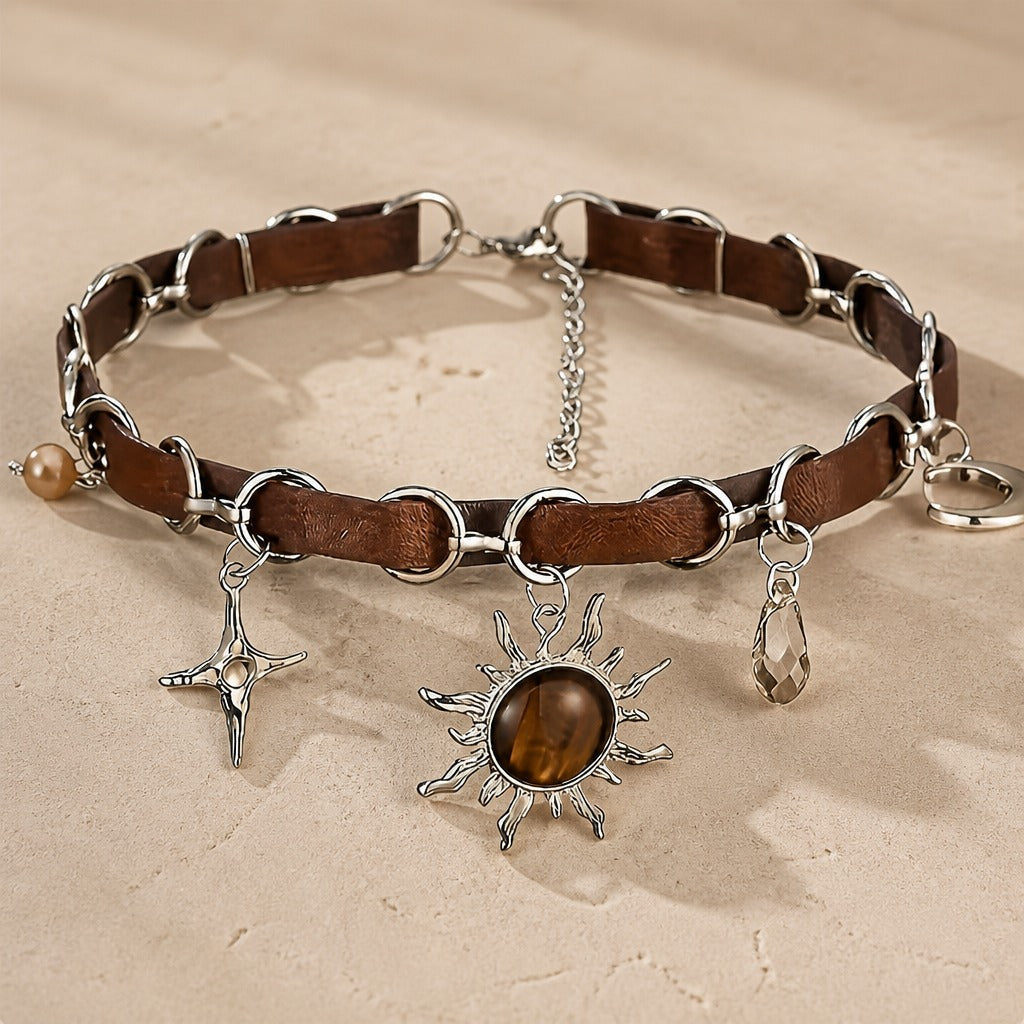 Collier Choker en Cuir avec Pendentif Chaîne