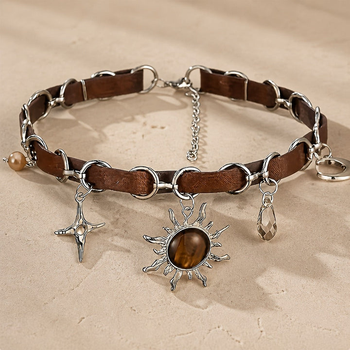 Collier Choker en Cuir avec Pendentif Chaîne