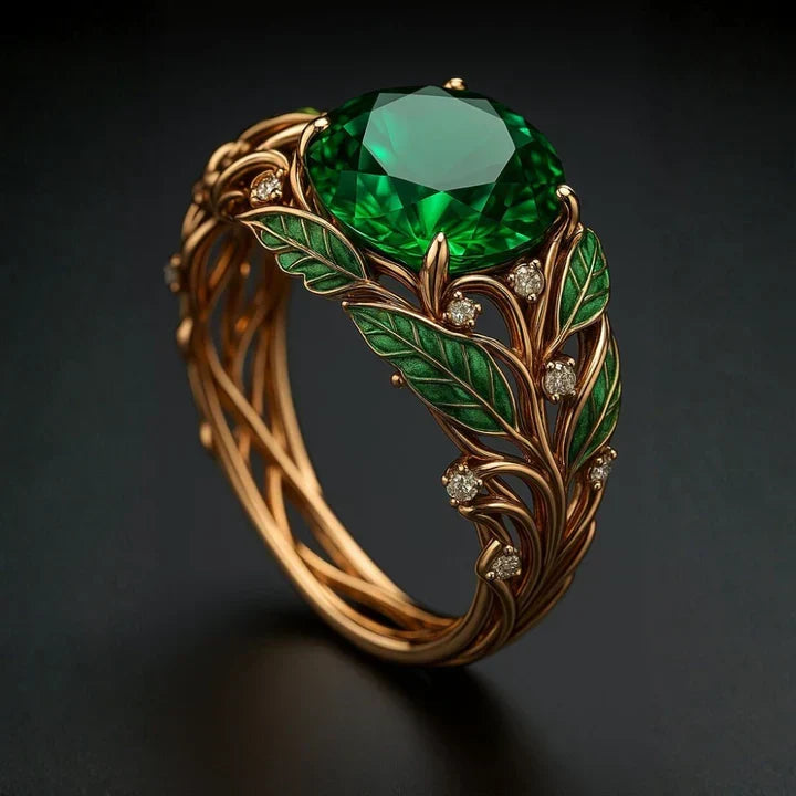 Bague en or avec cristal et émail vert exotique
