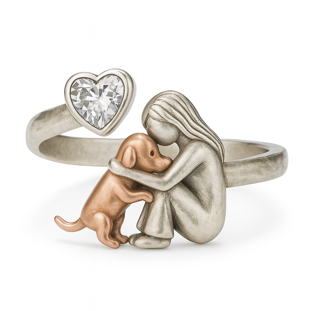 Bague en Argent Sterling 925 pour Chien, Faite Main avec Zirconia en Forme de Cœur – Ajustement Réglable