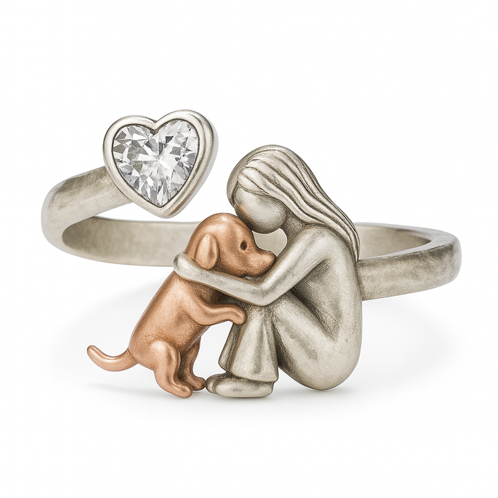 Bague en Argent Sterling 925 pour Chien, Faite Main avec Zirconia en Forme de Cœur – Ajustement Réglable