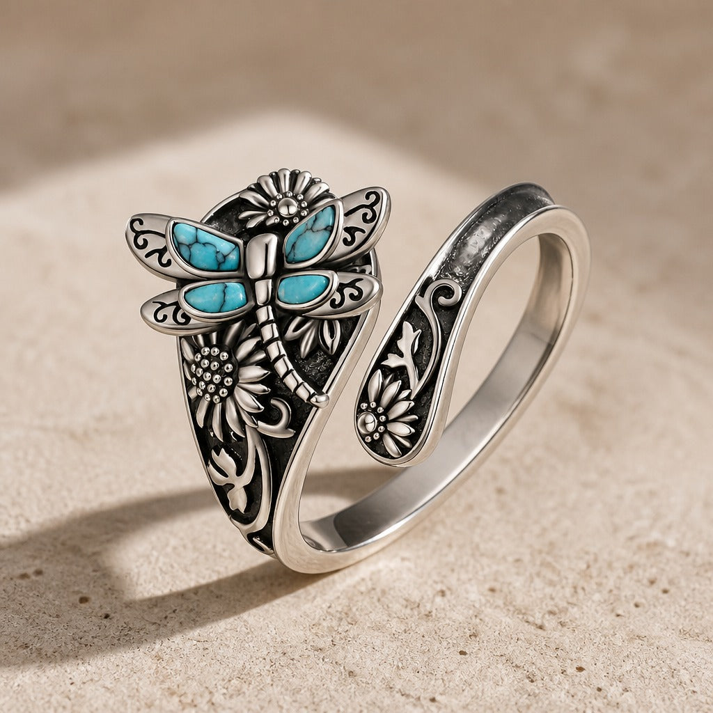 Bague en Argent Gravée Libellule et Fleur