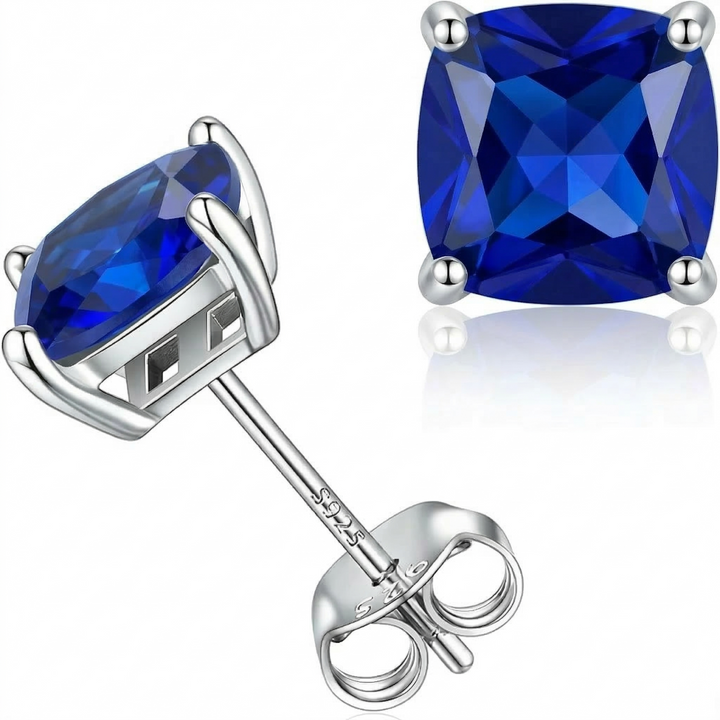 Minimalist Princess Cut Sapphire Earrings | White Gold