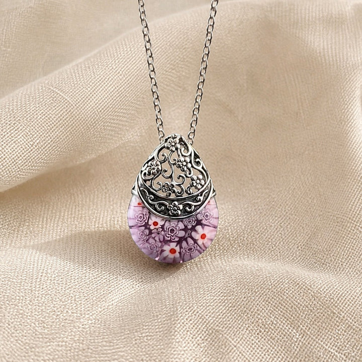 Collier Pendentif en Verre Floral Gravé