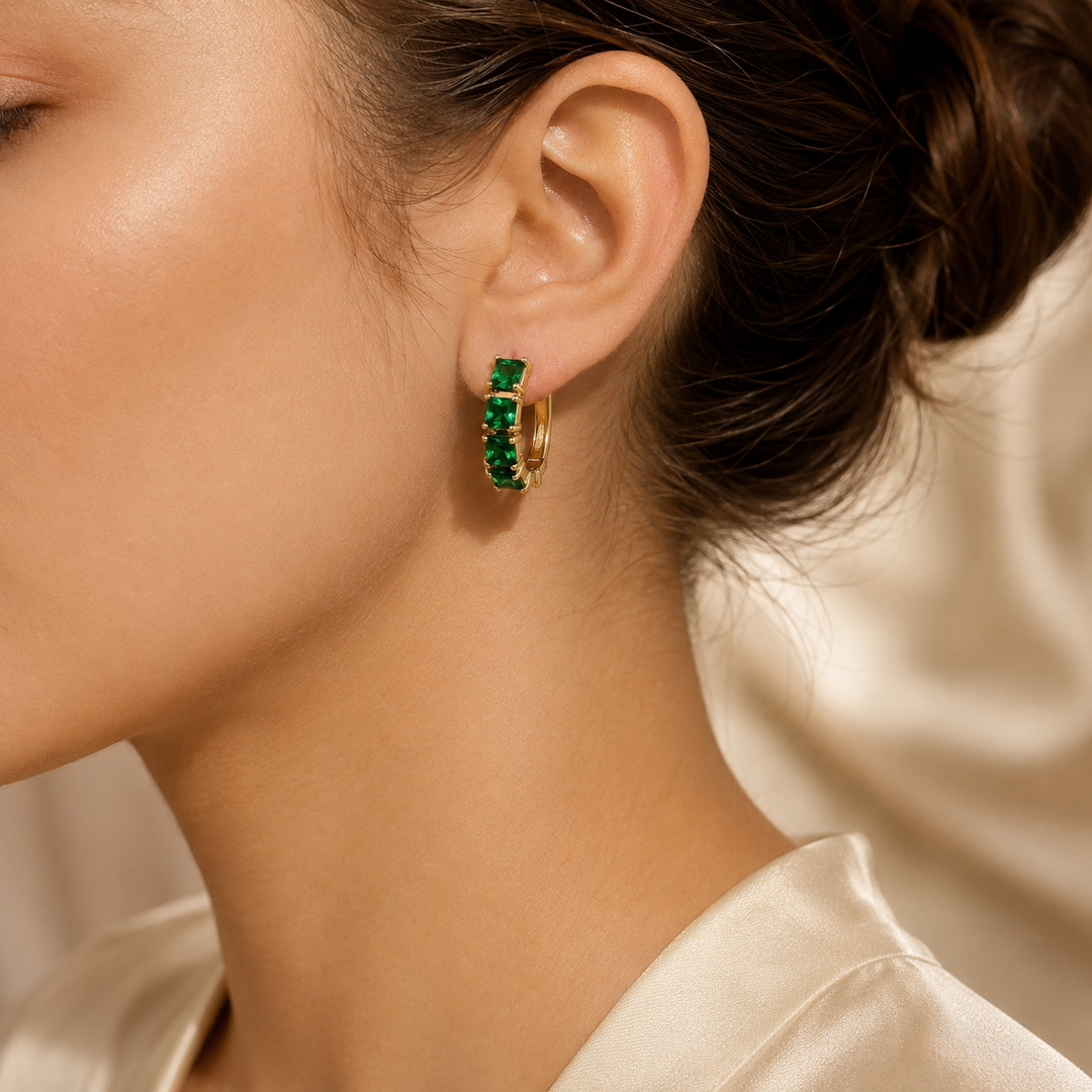 Chunky Gold and Emerald Hoop Earrings