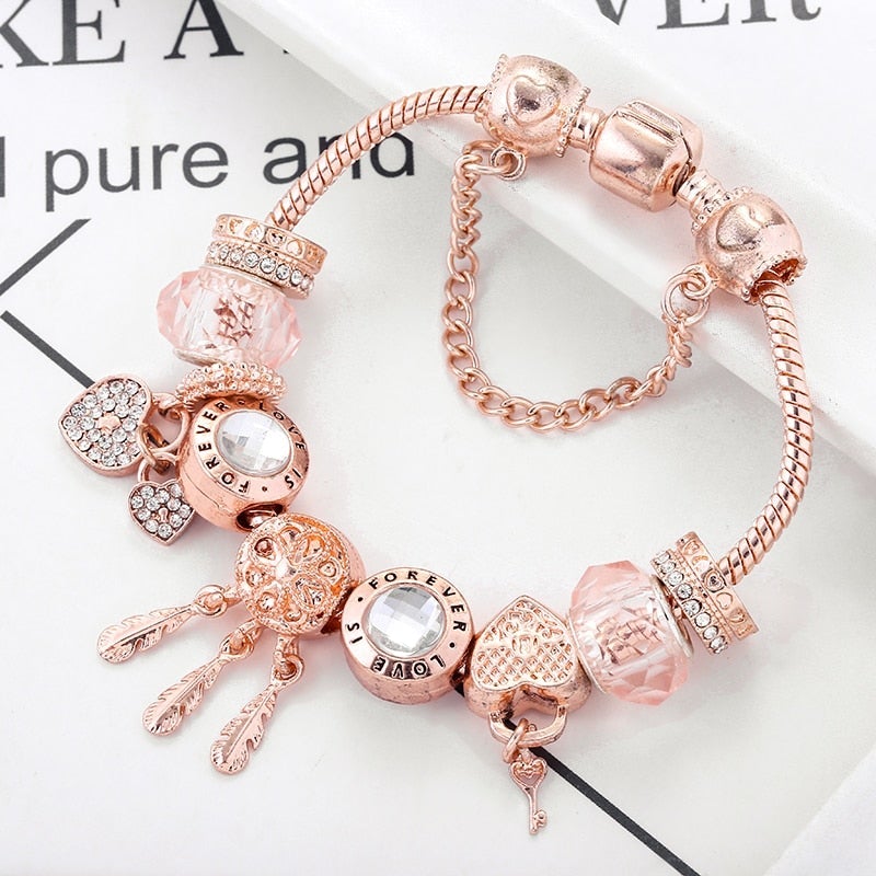 Bracelet Attrape-Rêves Rose avec Charms en Argent Sterling Inclus