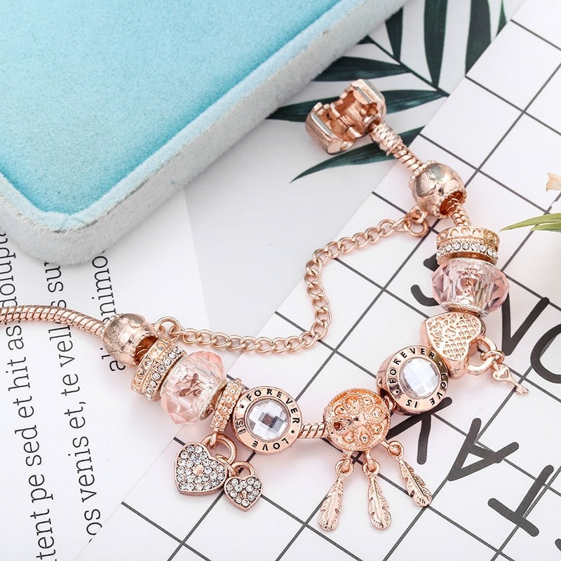 Bracelet Attrape-Rêves Rose avec Charms en Argent Sterling Inclus
