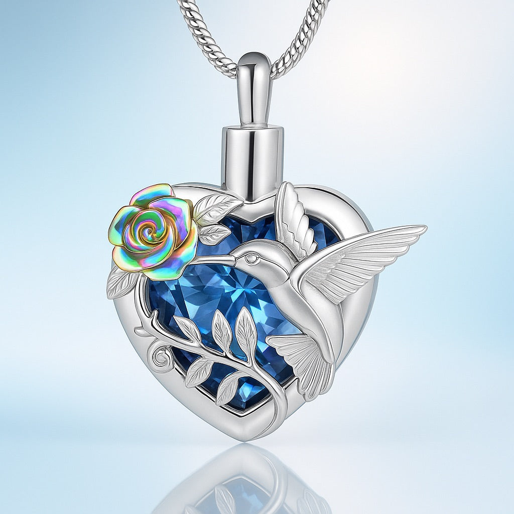 Collier Urne en Forme de Cœur avec Colibri