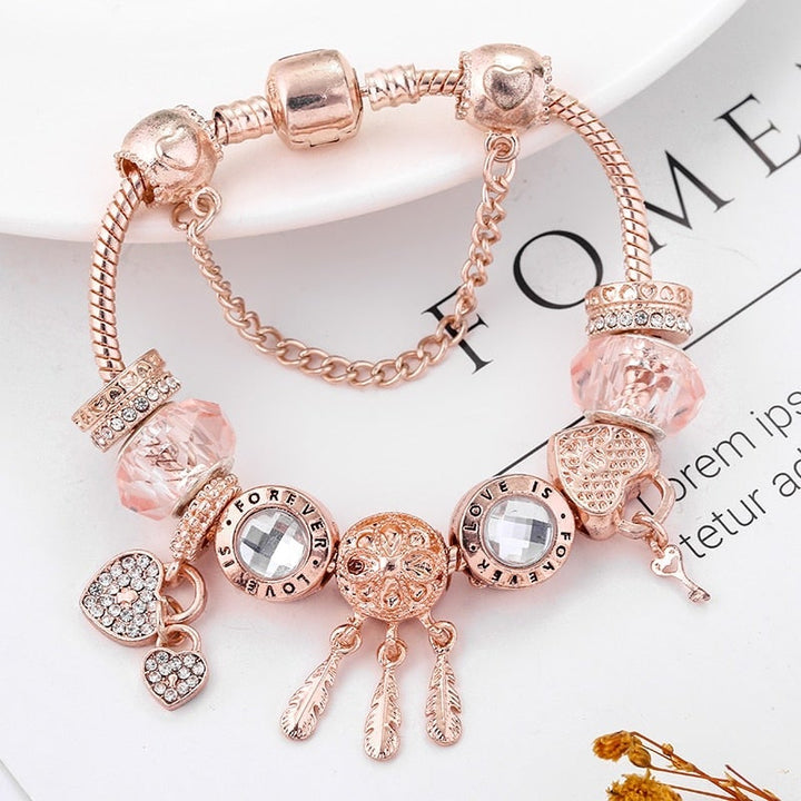 Bracelet Attrape-Rêves Rose avec Charms en Argent Sterling Inclus