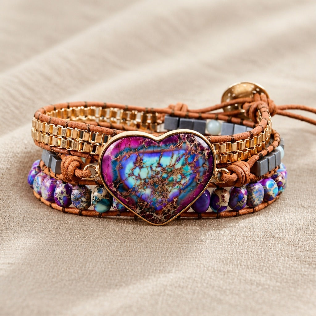 Bracelet en cuir tressé avec pierre en forme de cœur
