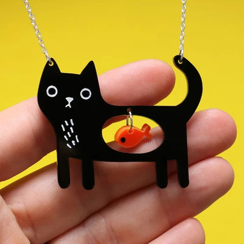 Pendentif en acrylique Chat et Poisson Fantaisie