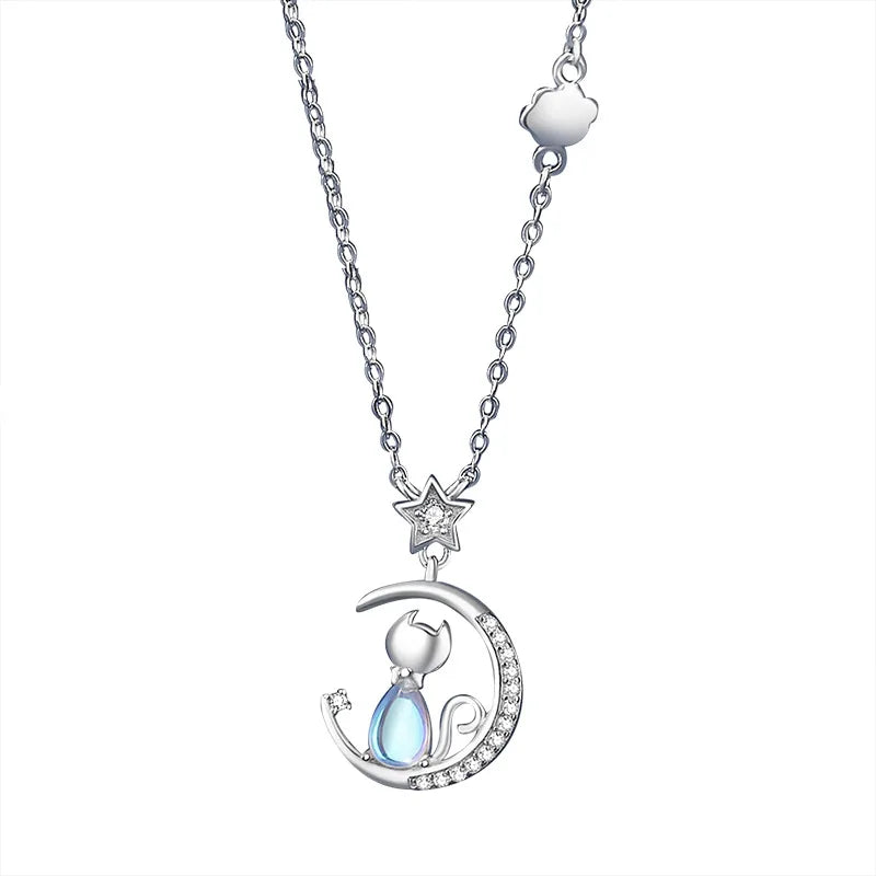 Collier en argent sterling avec chat et lune