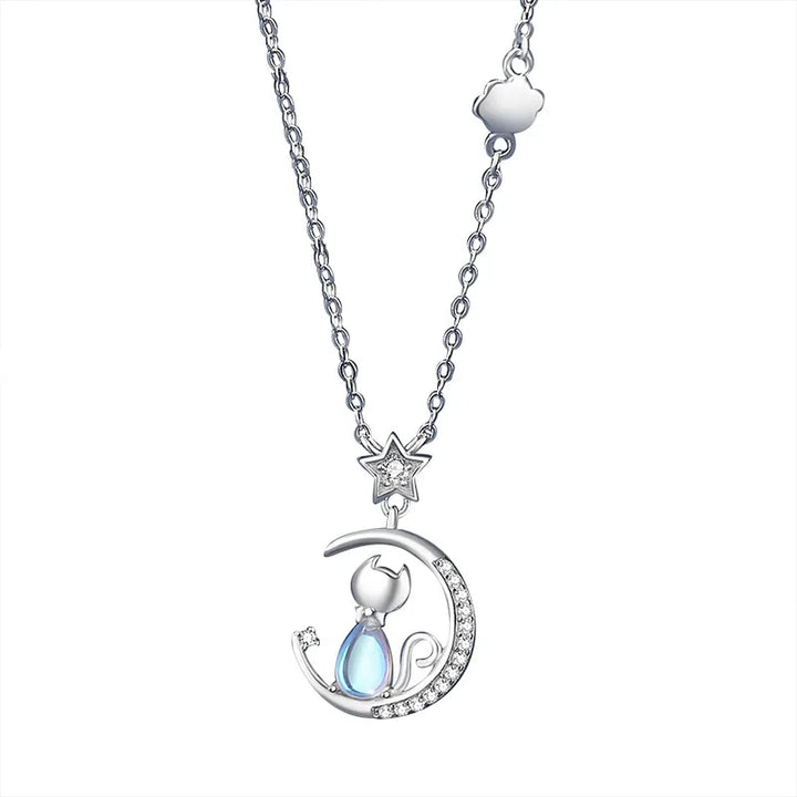 Collier en argent sterling avec chat et lune