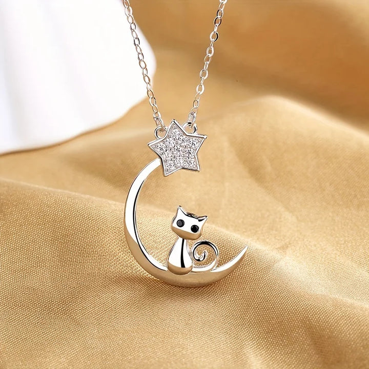 Collier en Argent Sterling avec Silhouette de Chat, Lune et Étoiles