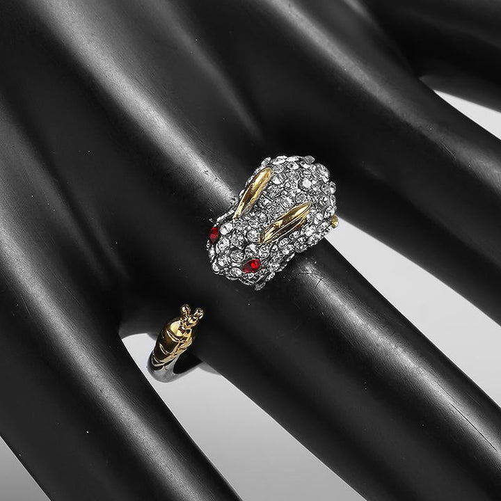 Bague Unique en Argent Ajustable avec Lapin et Carotte en Cristal