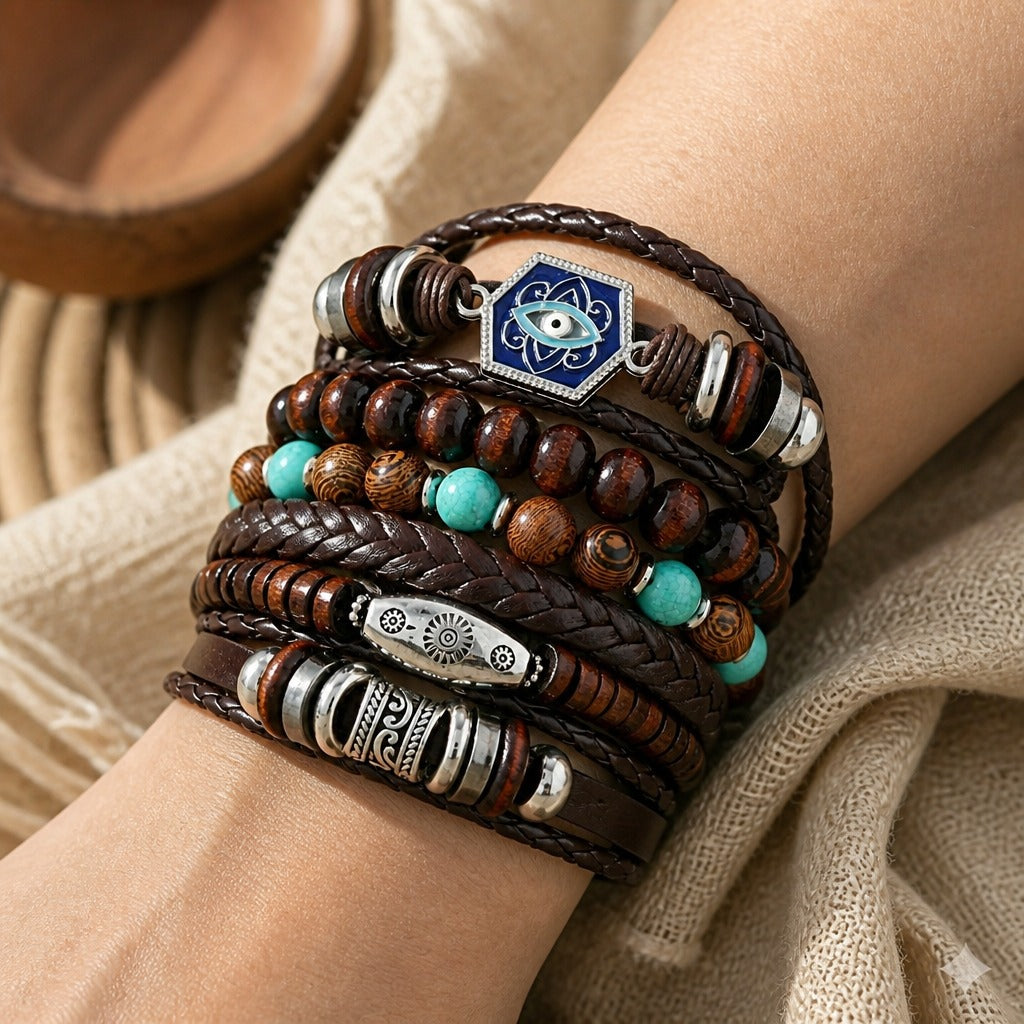 Ensemble de Bracelets Superposés en Cuir
