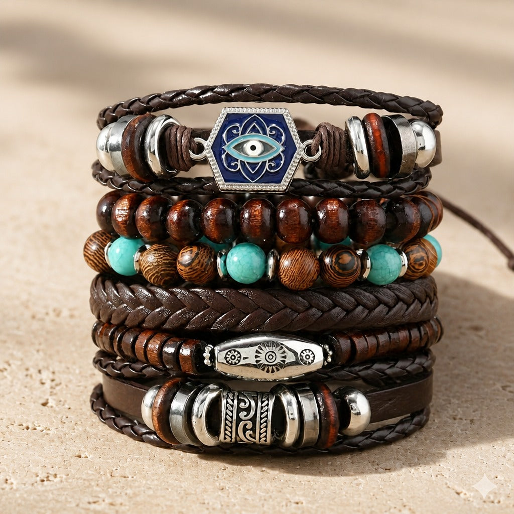 Ensemble de Bracelets Superposés en Cuir