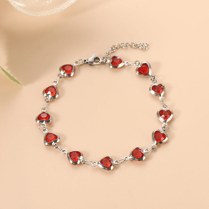 Bracelet en Chaîne Argent et Rubis en Forme de Cœur