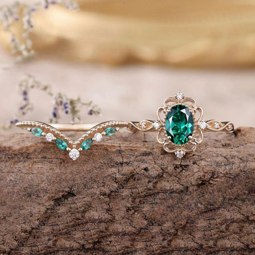 Aurelia Emerald Crown Ring Set | Rose Gold