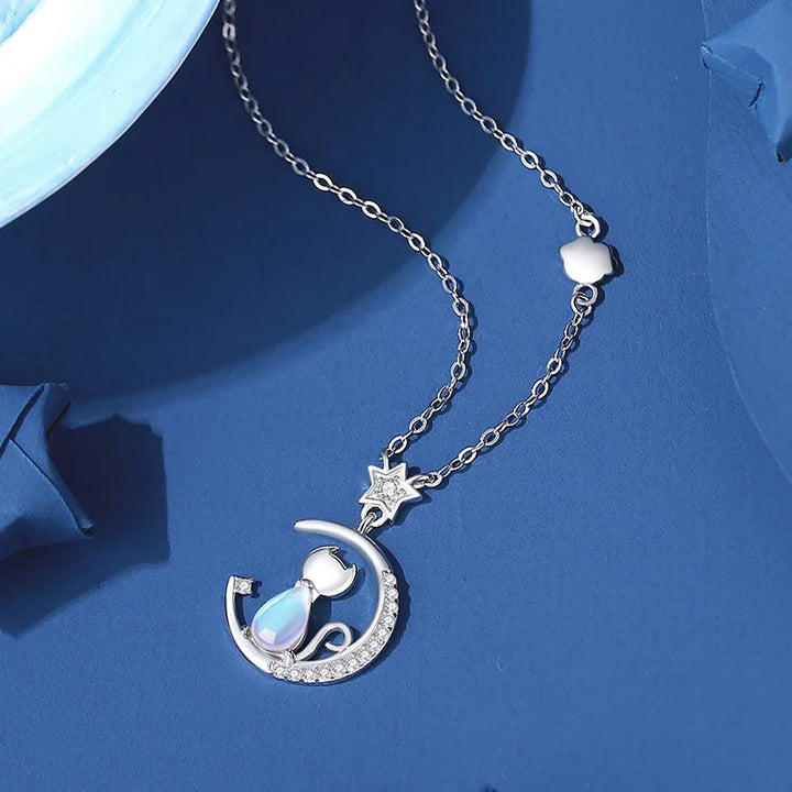 Collier en argent sterling avec chat et lune