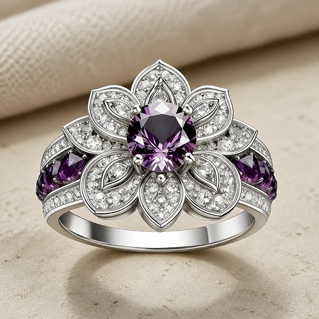 Bague Lotus en Argent Violet