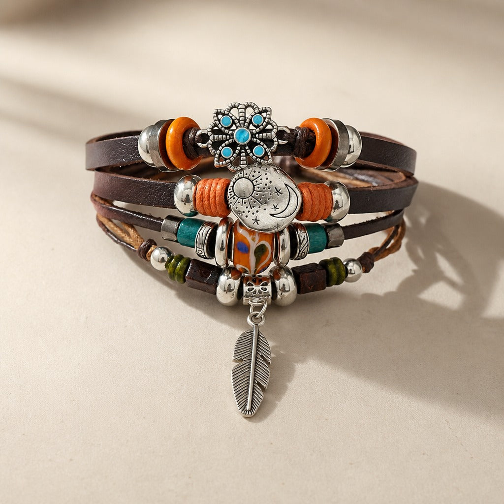 Bracelet Bohème en Cuir Stratifié Rétro