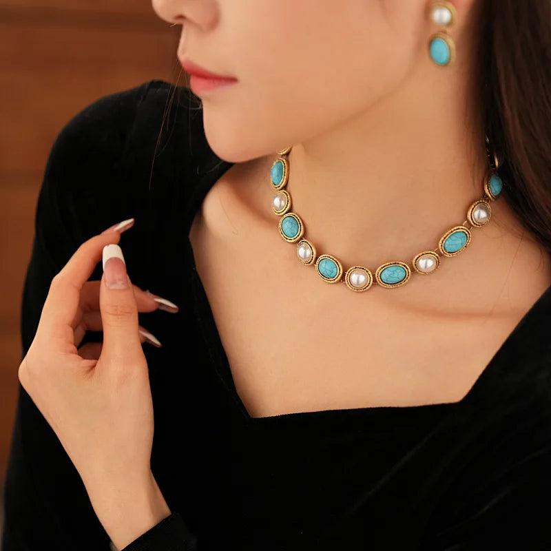 Ensemble Déclaration en Or Antique avec Turquoise et Perle