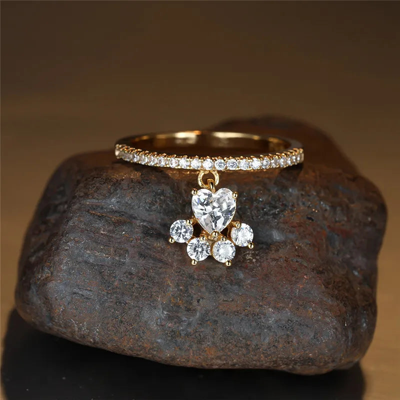 Bague Vintage Patte de Chat avec Pierre en Cœur – Tons Or et Argent