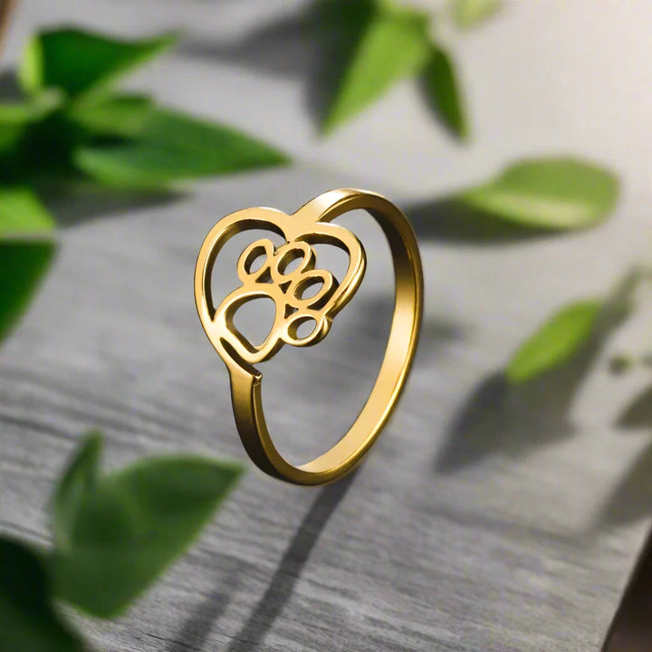 Bague en Acier Inoxydable Plaqué Or en Forme de Patte et de Cœur – Bijoux pour Passionnés d&