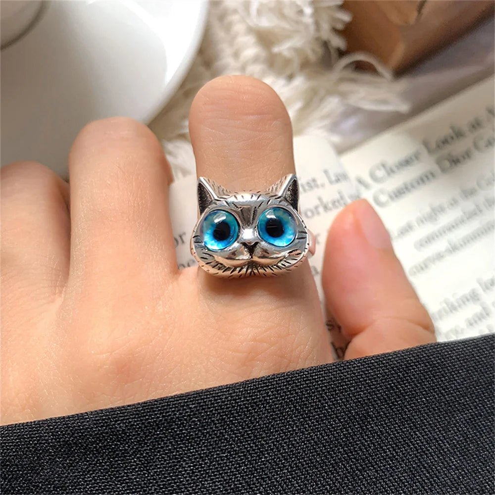 Bague Chat aux Yeux Bleus – Bague Animale Vintage en Argent pour Passionnés de Chats
