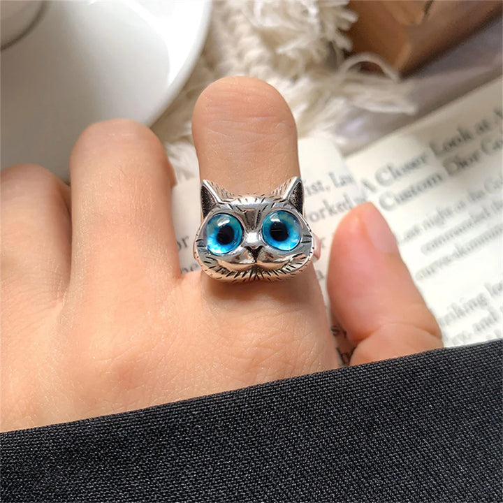 Bague Chat aux Yeux Bleus – Bague Animale Vintage en Argent pour Passionnés de Chats