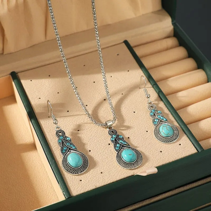 Ensemble de Bijoux en Turquoise - Collier en Argent Filigrané et Boucles d&