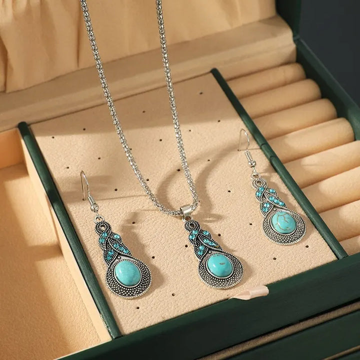 Ensemble de Bijoux en Turquoise - Collier en Argent Filigrané et Boucles d&