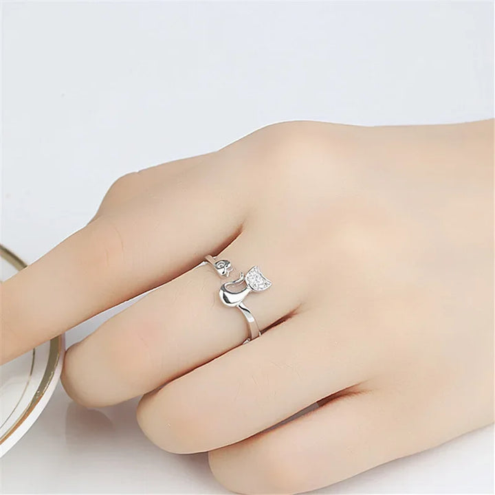 Bague Ouverte Chat Adorable – Zircon Cubique