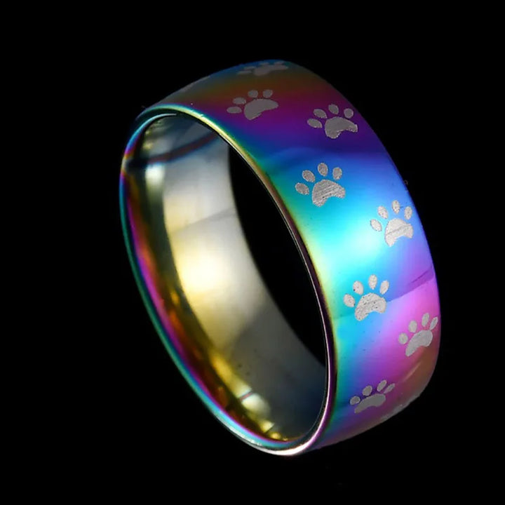 Bague Arc-en-Ciel en Acier Inoxydable avec Empreinte de Patte Fait Main