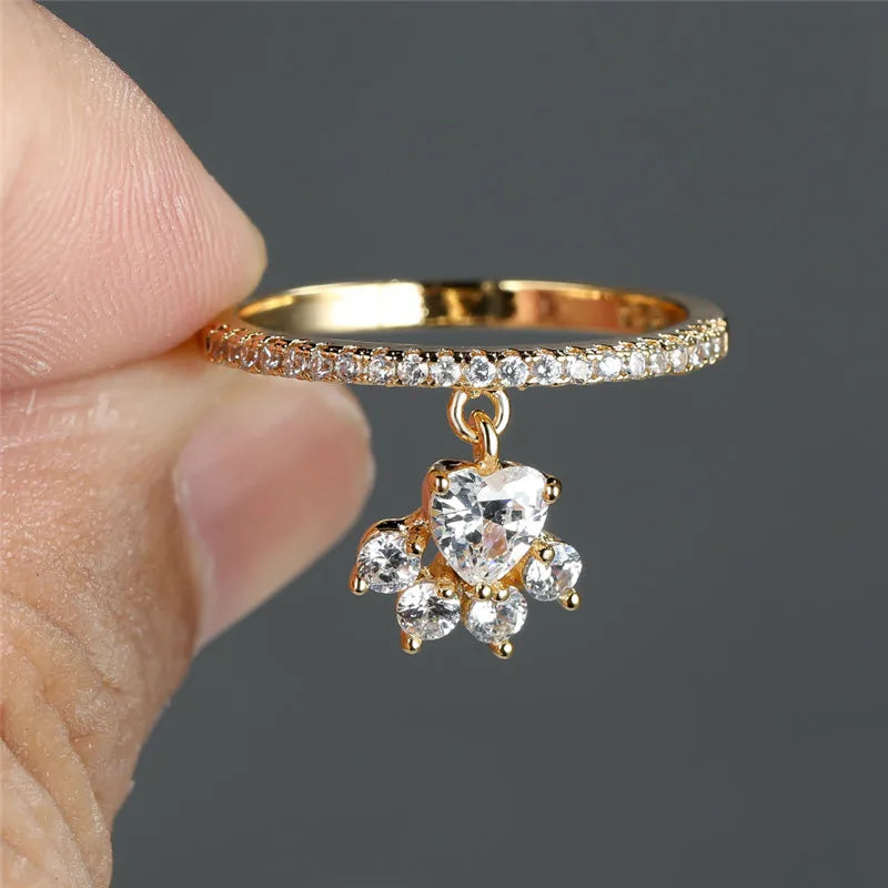 Bague Vintage Patte de Chat avec Pierre en Cœur – Tons Or et Argent