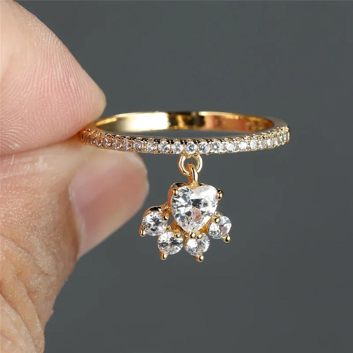 Bague Vintage Patte de Chat avec Pierre en Cœur – Tons Or et Argent