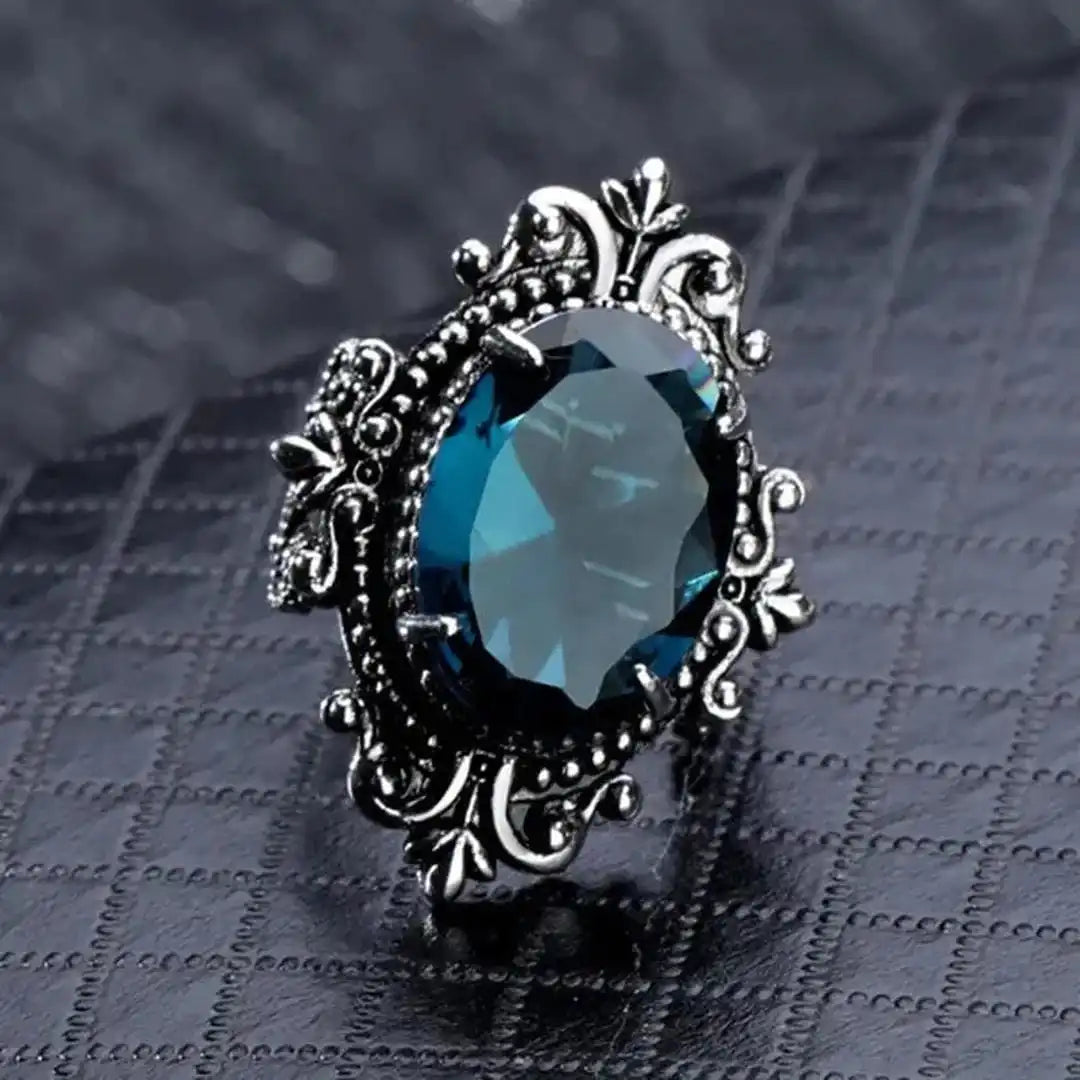 Bague Vintage en Argent Ovale avec Zirconium Bleu
